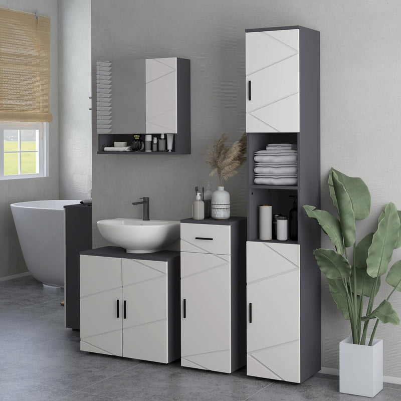 Tall 183cm Bathroom Storage Unit - Narrow Cabinet with Open Shelving and 2 Door Compartments, Adjustable Interior Shelves in Grey - Space-Saving Organizer for Bath Essentials & Linens