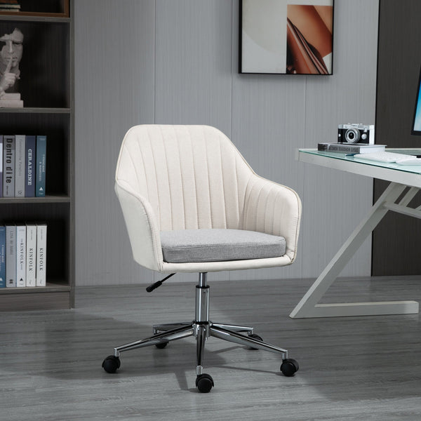 Linen Fabric Leisure Office Chair - Swivel Scallop-Shaped Computer Desk Chair with Wheels - Ideal for Home Study and Bedroom Comfort, Beige