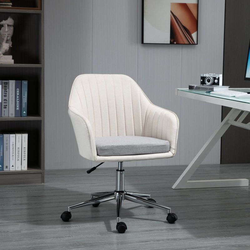 Linen Fabric Leisure Office Chair - Swivel Scallop-Shaped Computer Desk Chair with Wheels - Ideal for Home Study and Bedroom Comfort, Beige
