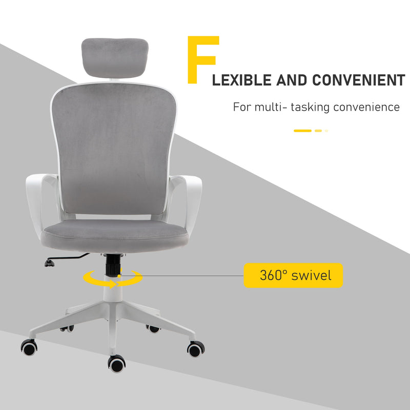 High-Back Velvet Swivel Home Office Chair - Ergonomic Rocking Computer Chair with Wheels, Adjustable Headrest - Comfortable Seating for Work or Gaming Sessions, Grey
