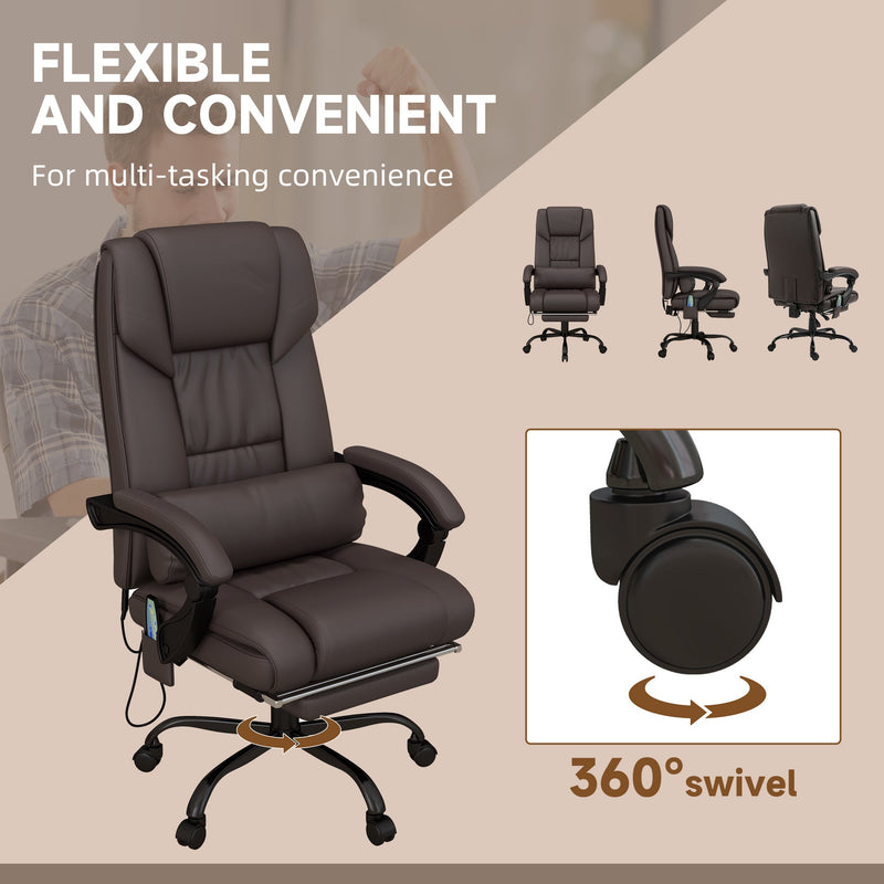 Ergonomic PU Leather Reclining Office Chair with Massage Function - 6-Point Massage, Swivel Wheels, Integrated Footrest, Remote Control - Ideal for Stress Relief and Office Comfort, Brown