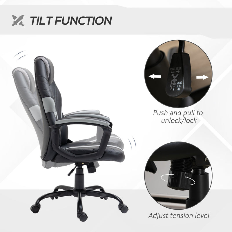 Ergonomic Racing Gaming Chair - Faux Leather Swivel Office Chair with 5 Wheels, Black and Grey - Ideal for Long Gaming Sessions & Professional Gamers