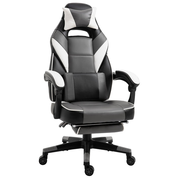Ergonomic Gaming Chair with Footrest and Lumbar Support - Thick Padding, Headrest, 5 Smooth-Rolling Wheels, Reclining Backrest - Adjustable Height for Comfortable Gaming & Home Office Use, Grey