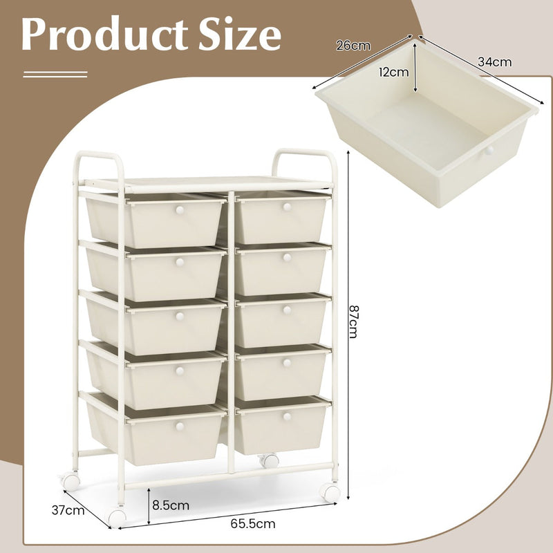 Rolling Storage Cart - 10-Drawer Organizer for Tools and Scrapbook Paper, Black - Perfect for DIY Crafts and Office Organising Tasks