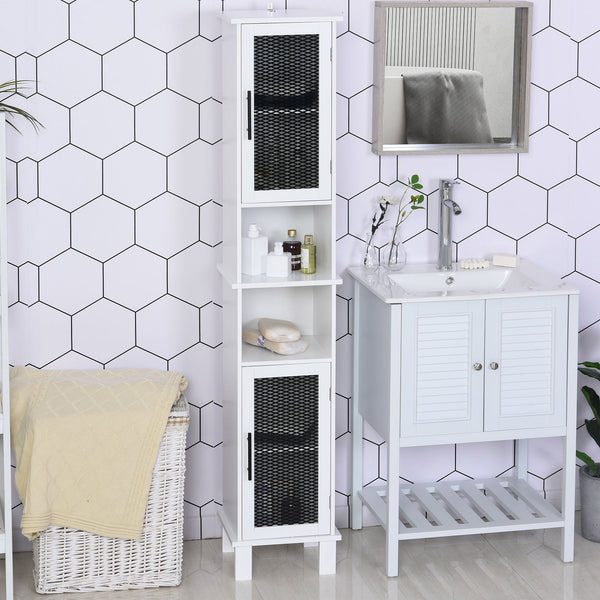 6-Tier Retro Bathroom Cabinet with Patterned Glass Doors - Anti-Tilt Design, Melamine Finish, Freestanding Storage - Chic Monochrome Tall Tower for Bathroom Organization