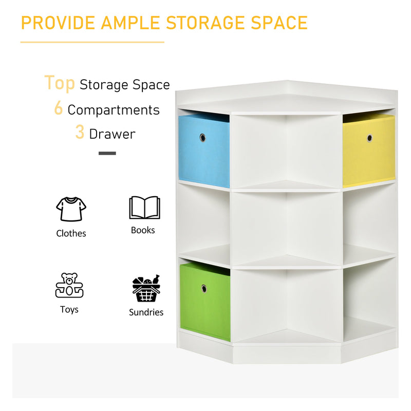 Aosom UK 3-Tier Bookcase - Children's Toy Organizer with Fabric Drawers, White - Space-Saving Storage Solution for Kids' Rooms