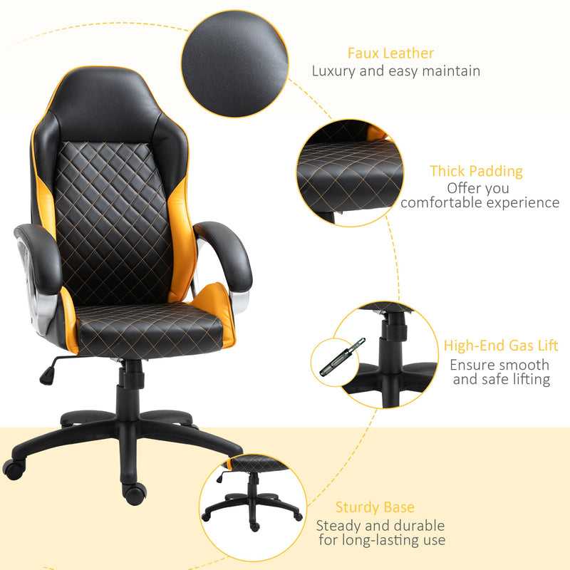 High-Back Faux Leather Office Chair with Diamond Line Detailing - Ergonomic Rocker Swivel Desk Chair with Wheels, Black and Orange - Ideal for Home Office and Computer Workstations