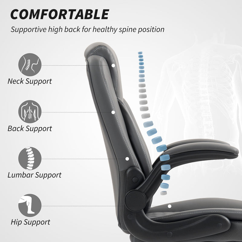 HOMCOM Faux Leather Office Chair. with Flip-Up Armrests - Charcoal Grey