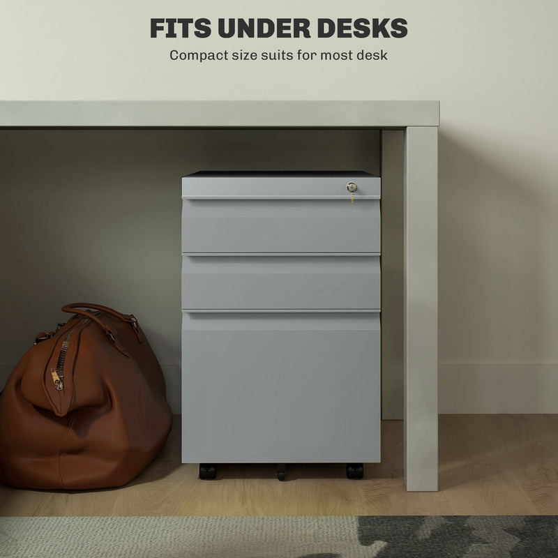 Vinsetto 3 Drawer Filling Cabinet, Mobile Metal File Cabinet with Anti-tilt Design for Letter, A4, Legal Size, Grey | Aosom UK
