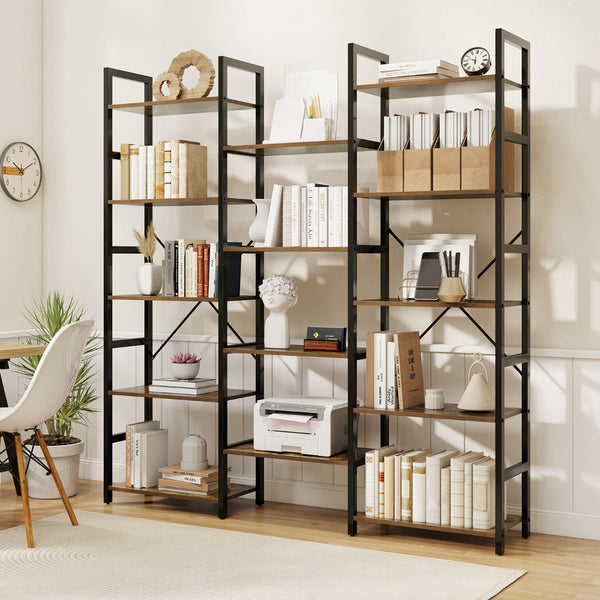 Triple Wide Heavy-duty Metal Frame Industrial Bookshelf with 14 Open Shelves-Brown