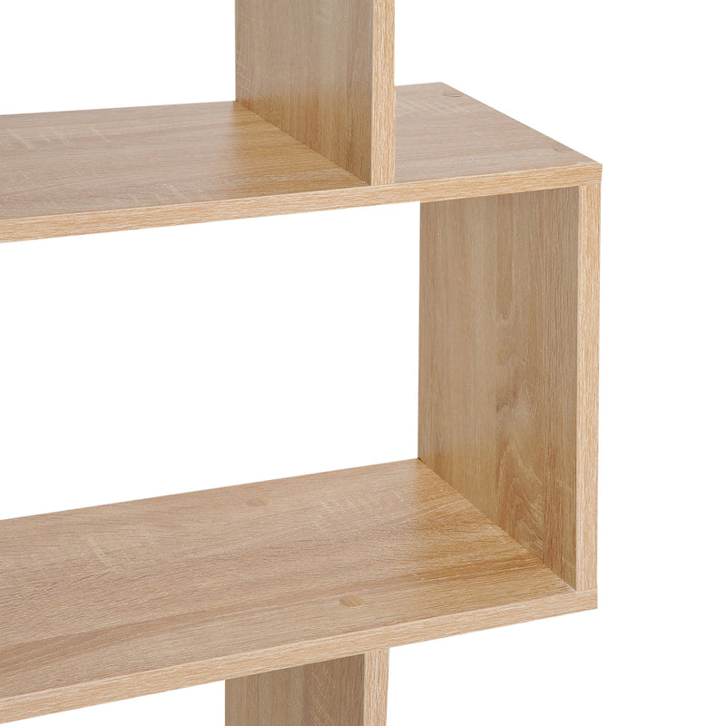 S-Shaped Wooden Bookcase - 6-Tier Storage Display Shelves & Room Divider - Versatile Oak Cabinet for Home and Office Organization