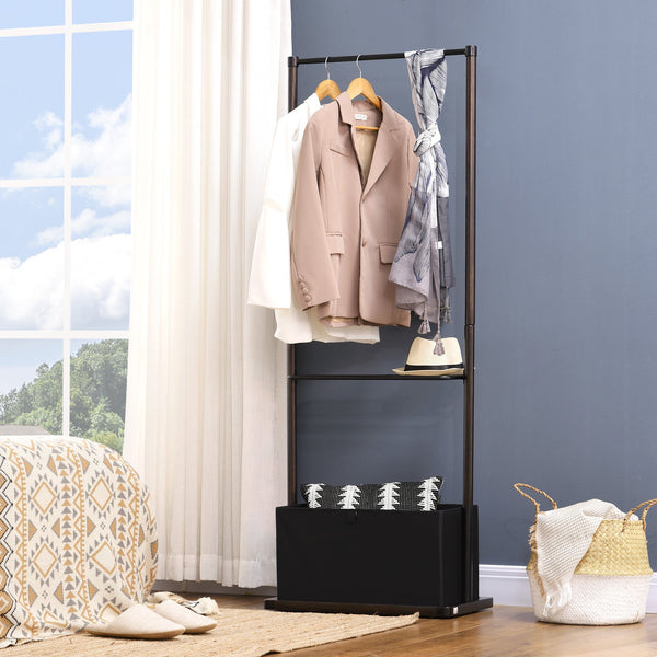 Bamboo Clothes Rail with Coat Stand - Garment Rack with Open Shelves & Storage Box, Dark Walnut - Ideal for Bedroom & Hallway Organization