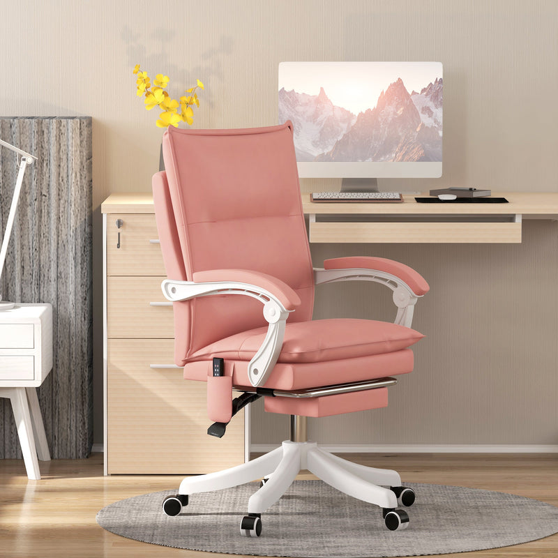 Ergonomic Heated Vibrating Massage Office Chair - Faux Leather Recliner with Footrest, Padded Armrests, Reclining Back, Double-Tier Cushioning - Comfort for Home Office Use in Stylish Pink