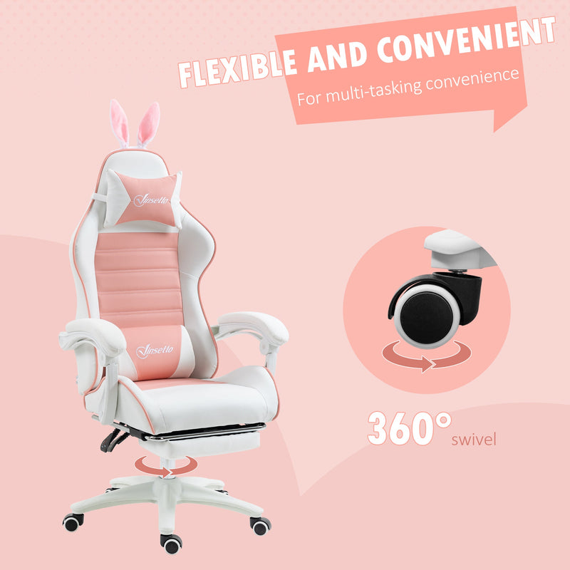Racing-Style Gaming Chair with Removable Bunny Accents - Ergonomic PU Leather Recline, Headrest, Lumbar Support, and Extendable Footrest - Perfect for Gamers and Streamers with a Flair for Fun