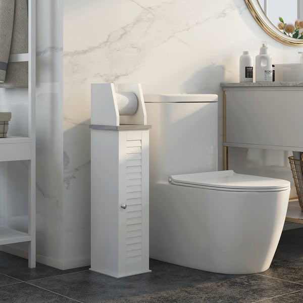 Slim Bathroom Organizer - Space-Saving Floor Cabinet with Cupboard & Roll Holder, Adjustable Shelving - Ideal for Toilet Paper, Shampoo Storage in White