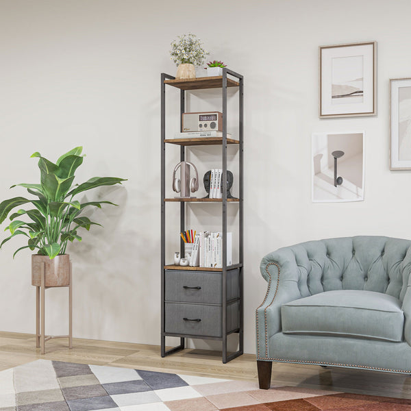 4-Tier Industrial Bookcase with Fabric Drawers - Rustic Brown Storage Shelf with Metal Frame for Versatility - Ideal for Living Room and Bedroom Organization