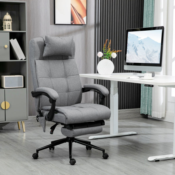 Ergonomic Reclining Office Chair with Vibration Massage and Heat - Fabric Desk Chair with Head Pillow, Footrest, and Armrest in Grey - Comfort for Long Hours at Work or Gaming