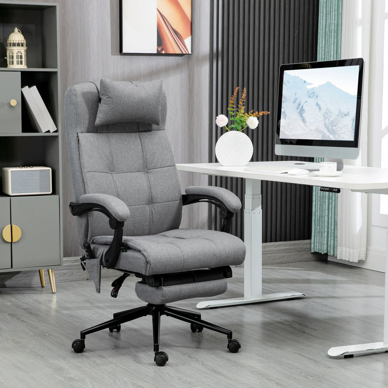Ergonomic Reclining Office Chair with Vibration Massage and Heat - Fabric Desk Chair with Head Pillow, Footrest, and Armrest in Grey - Comfort for Long Hours at Work or Gaming