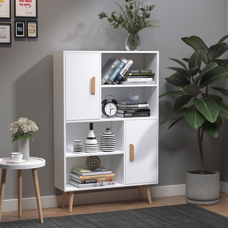 Modern White Sideboard Bookshelf - Free Standing Wooden Bookcase with Storage Shelves and Cabinets - Elegant Display Unit with Dual Doors for Living Room or Office Organization