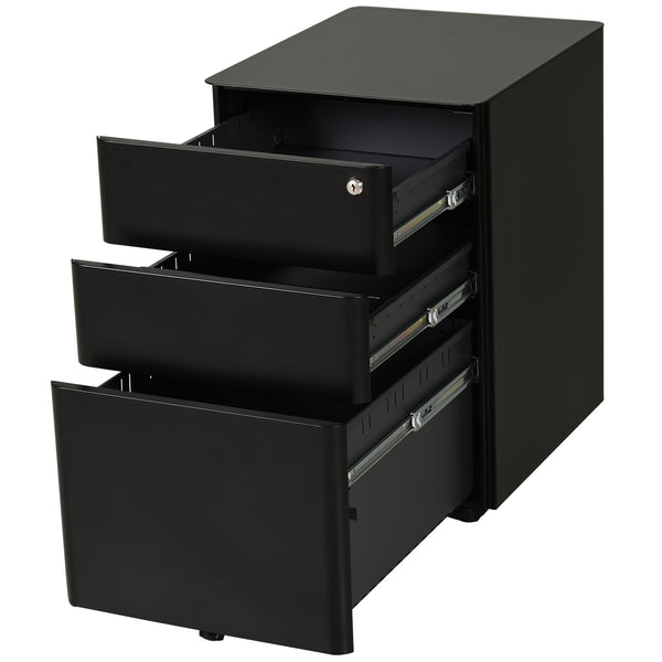 Lockable Steel 3-Drawer File Cabinet - Holds Letter/Legal/A4 Documents, Mobile Office Storage on Wheels - Black Metal Filing Solution for Home and Office Organization