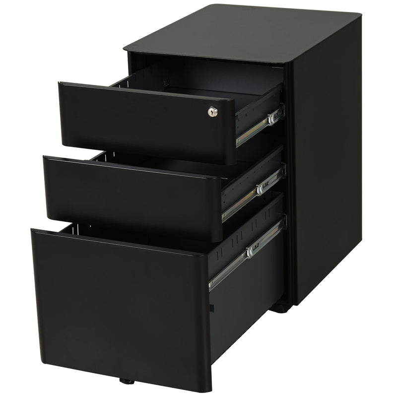 Lockable Steel 3-Drawer File Cabinet - Holds Letter/Legal/A4 Documents, Mobile Office Storage on Wheels - Black Metal Filing Solution for Home and Office Organization