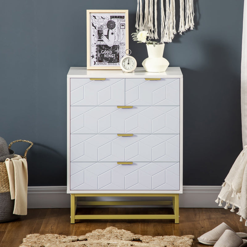 5-Drawer Modern Chest - Bedroom and Living Room Storage Organizer with Golden Steel Base - Contemporary Furniture Solution for Enhanced Home Organization