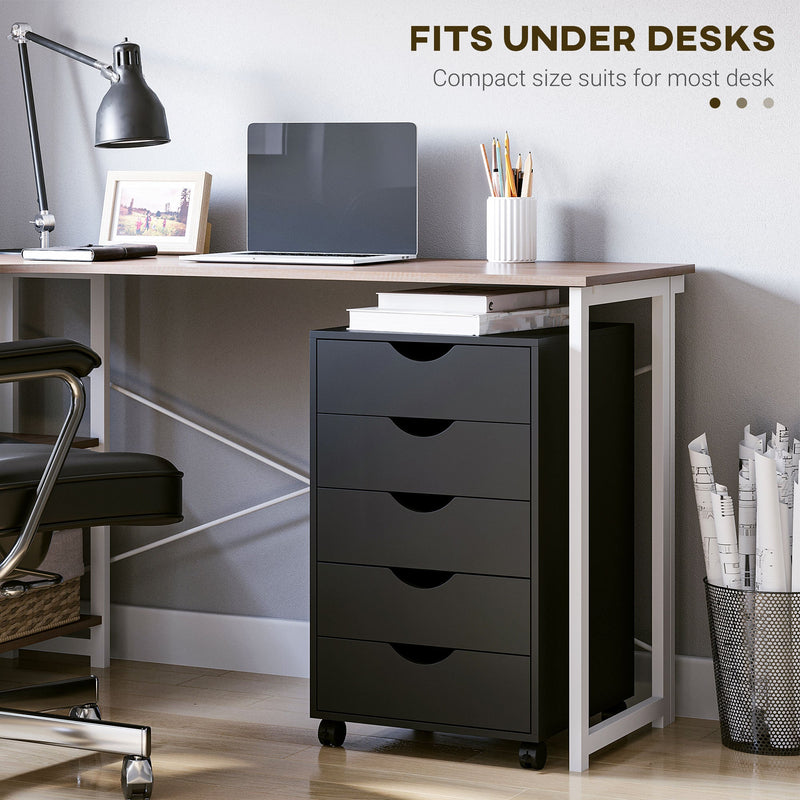 Mobile Vertical File Cabinet with 5 Drawers - Modern Rolling Filing Unit & Printer Stand for Home Office - Black Storage Organizer for Documents