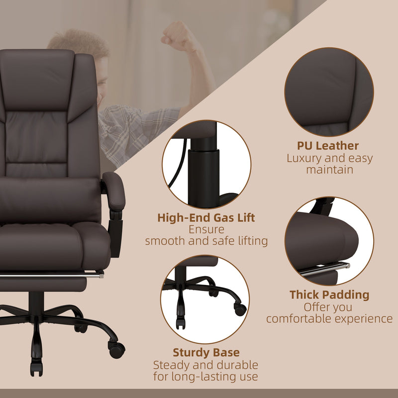 Ergonomic PU Leather Reclining Office Chair with Massage Function - 6-Point Massage, Swivel Wheels, Integrated Footrest, Remote Control - Ideal for Stress Relief and Office Comfort, Brown
