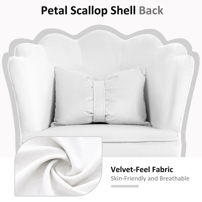 HOMCOM Velvet Office Chair with Petal Shell Back and Lumbar Pillow, Armless Desk Chair with Wide Seat and Tilt Function, Height Adjustable Swivel Makeup Vanity Chair for Bedroom, White