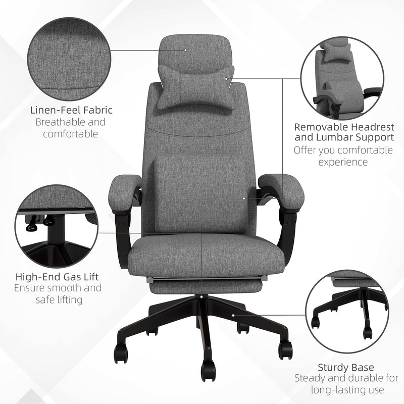 Ergonomic High Back Recliner Office Chair - Adjustable Height, Swivel Wheels, with Footrest and Lumbar Support in Dark Grey - Ideal for Comfortable Working and Relaxation