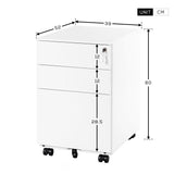 3-Drawer Mobile File Cabinet - Solid Steel Pedestal with 5 Casters, Lockable with Keys, 39x52x60 cm, White - Secure Document Storage for Home and Office Use