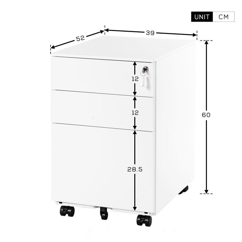 3-Drawer Mobile File Cabinet - Solid Steel Pedestal with 5 Casters, Lockable with Keys, 39x52x60 cm, White - Secure Document Storage for Home and Office Use