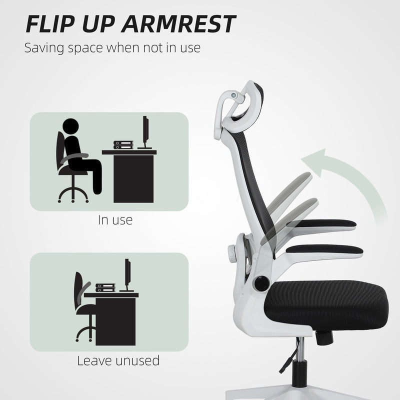 HOMCOM Executive Office Chair, Ergonomic Mesh High Back Desk Chair with Flip-up Armrest, Adjustable Lumbar Support, Rotatable Headrest, Swivel Computer Chair for Home Study, Black