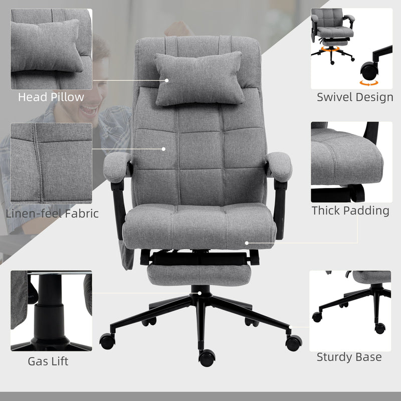 Ergonomic Reclining Office Chair with Vibration Massage and Heat - Fabric Desk Chair with Head Pillow, Footrest, and Armrest in Grey - Comfort for Long Hours at Work or Gaming