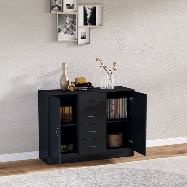 2-Door & 4-Drawer Sideboard Storage Cabinet - Freestanding Cupboard and Chest Organizer for Kitchen & Living Room - Sleek Black Finish for Home Organization