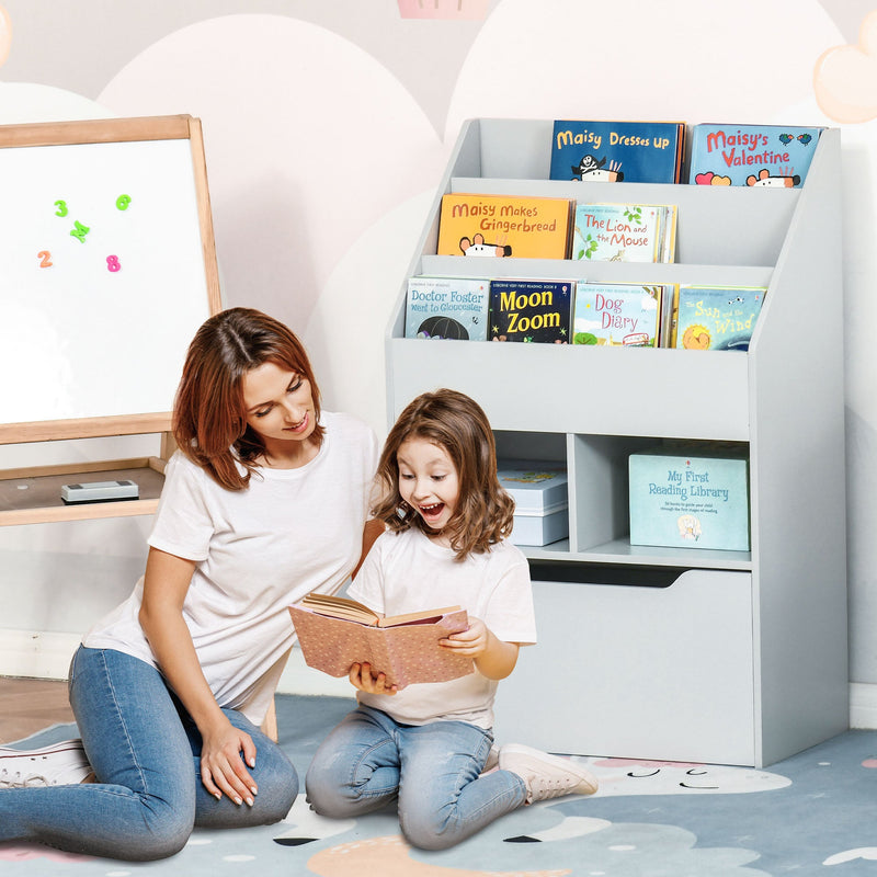 Children's Multipurpose Bookshelf with Drawer - Mobile Toy Storage Organizer and Bookcase for Kids - Ideal for Bedroom or Playroom in Stylish Grey