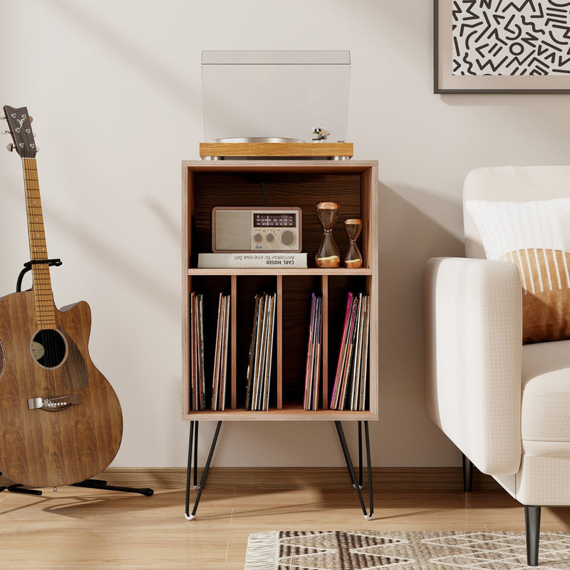 Record Player Stand - 3-Tier, Charging Station Shelf, 4 Dividers, Rustic Brown - Ideal Storage Solution for Vinyl Enthusiasts