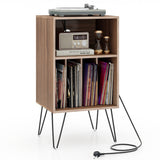 Record Player Stand - 3-Tier, Charging Station Shelf, 4 Dividers, Rustic Brown - Ideal Storage Solution for Vinyl Enthusiasts