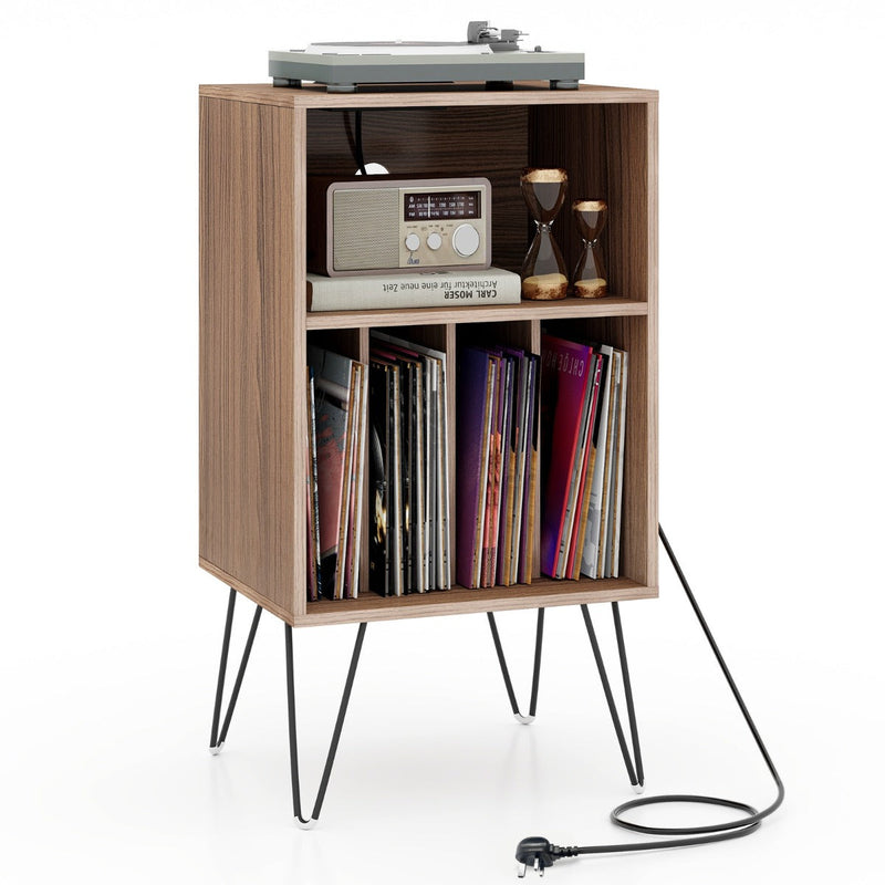 Record Player Stand - 3-Tier, Charging Station Shelf, 4 Dividers, Rustic Brown - Ideal Storage Solution for Vinyl Enthusiasts