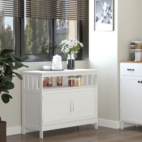 Kitchen Console Sideboard - 2-Tier Cabinet with Open Shelf Storage, White Finish - Ideal for Dining Room Organization and Decor