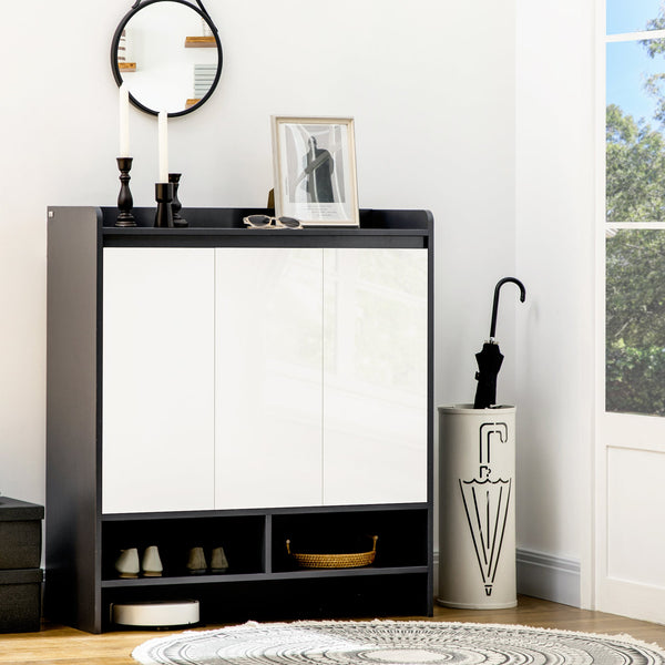 High Gloss Shoe Storage Unit with White Doors - Spacious Hallway Cupboard with Open Shelves for Up to 24 Pairs - Sleek Grey Organizer for Footwear