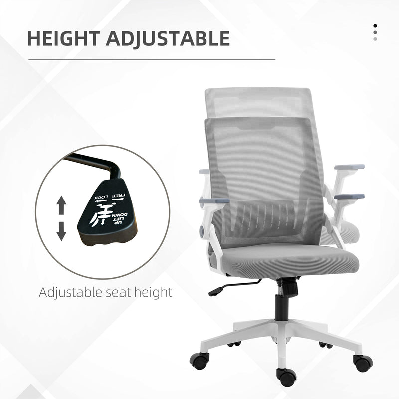Ergonomic Grey Mesh Office Chair - Lumbar Support, Flip-up Armrests, Swivel Wheels, Adjustable Height - Comfortable Seating for Desk Work and Home Office