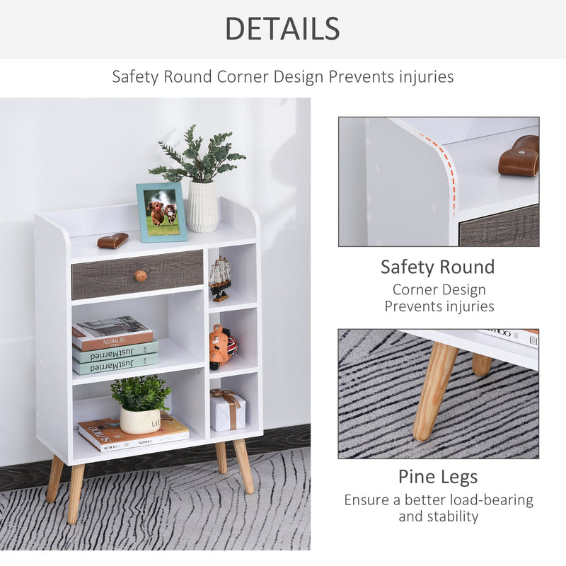 Modern Multi-Shelf Bookcase with Drawer - Freestanding 6-Tier Storage, Wooden Legs, Stylish White & Grey Finish - Ideal for Home Office and Display Décor