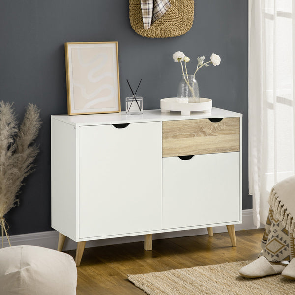 Modern White Sideboard - Accent Storage Cabinet with Drawer and 2 Doors for Home Organization - Ideal for Bedroom, Living Room, or Hallway Spaces