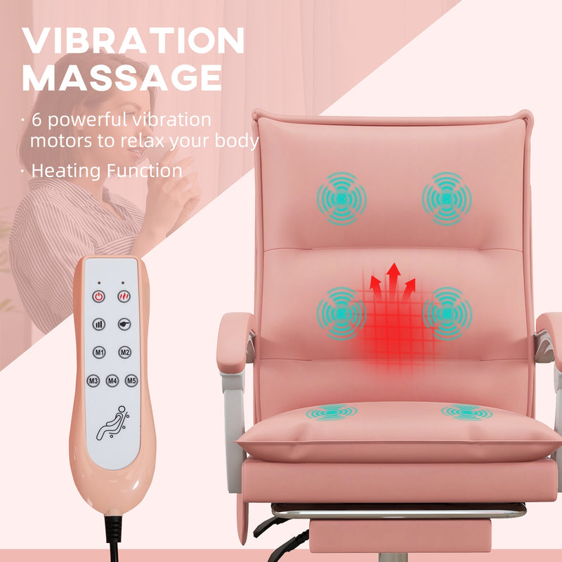 Ergonomic Heated Vibrating Massage Office Chair - Faux Leather Recliner with Footrest, Padded Armrests, Reclining Back, Double-Tier Cushioning - Comfort for Home Office Use in Stylish Pink