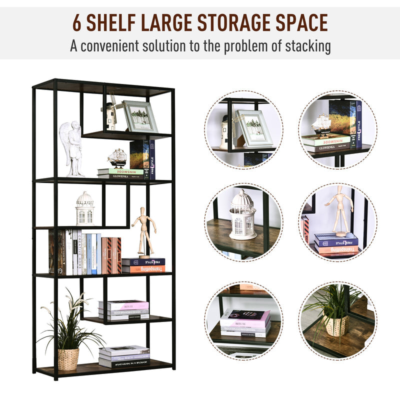 Industrial 6-Tier Staggered Wood Shelving Unit - Modern Bookcase and Display Rack for Living Room - Home Organization and Storage Solution