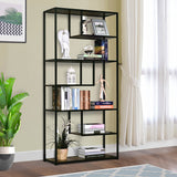 Industrial 6-Tier Staggered Wood Shelving Unit - Modern Bookcase and Display Rack for Living Room - Home Organization and Storage Solution