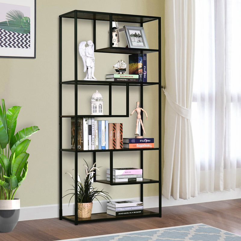 Industrial 6-Tier Staggered Wood Shelving Unit - Modern Bookcase and Display Rack for Living Room - Home Organization and Storage Solution