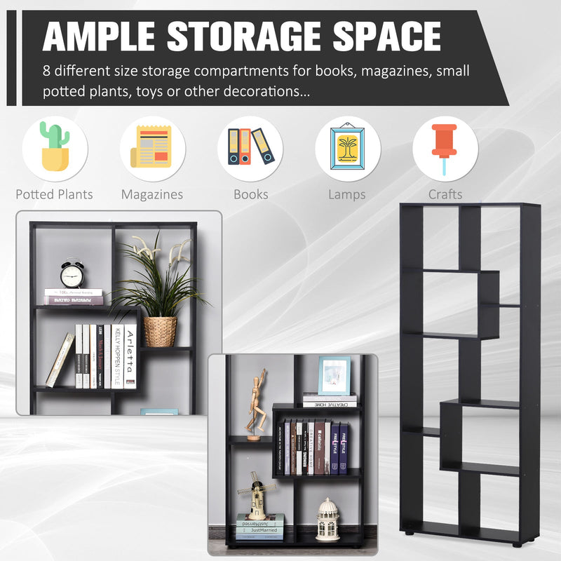 Freestanding 8-Tier Bookcase with Melamine Surface - Modern Black Home Display Storage Unit with Anti-Tipping Foot Pads - Ideal for Organized Book Lovers and Display Enthusiasts