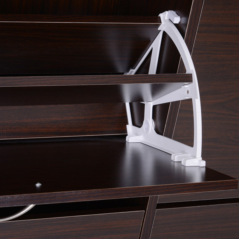 Wooden Shoe Storage Cabinet - Multi-Tier Flip Down Shelves and Drawer, Dark Brown - Space-Saving Organizer for Entryways and Closets